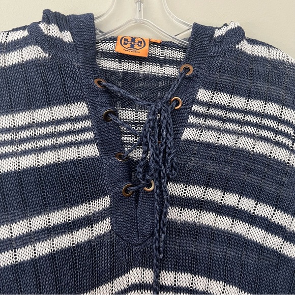 Tory Burch Stripe Linen Pullover Hooded Sweatshirt - Picture 4 of 8